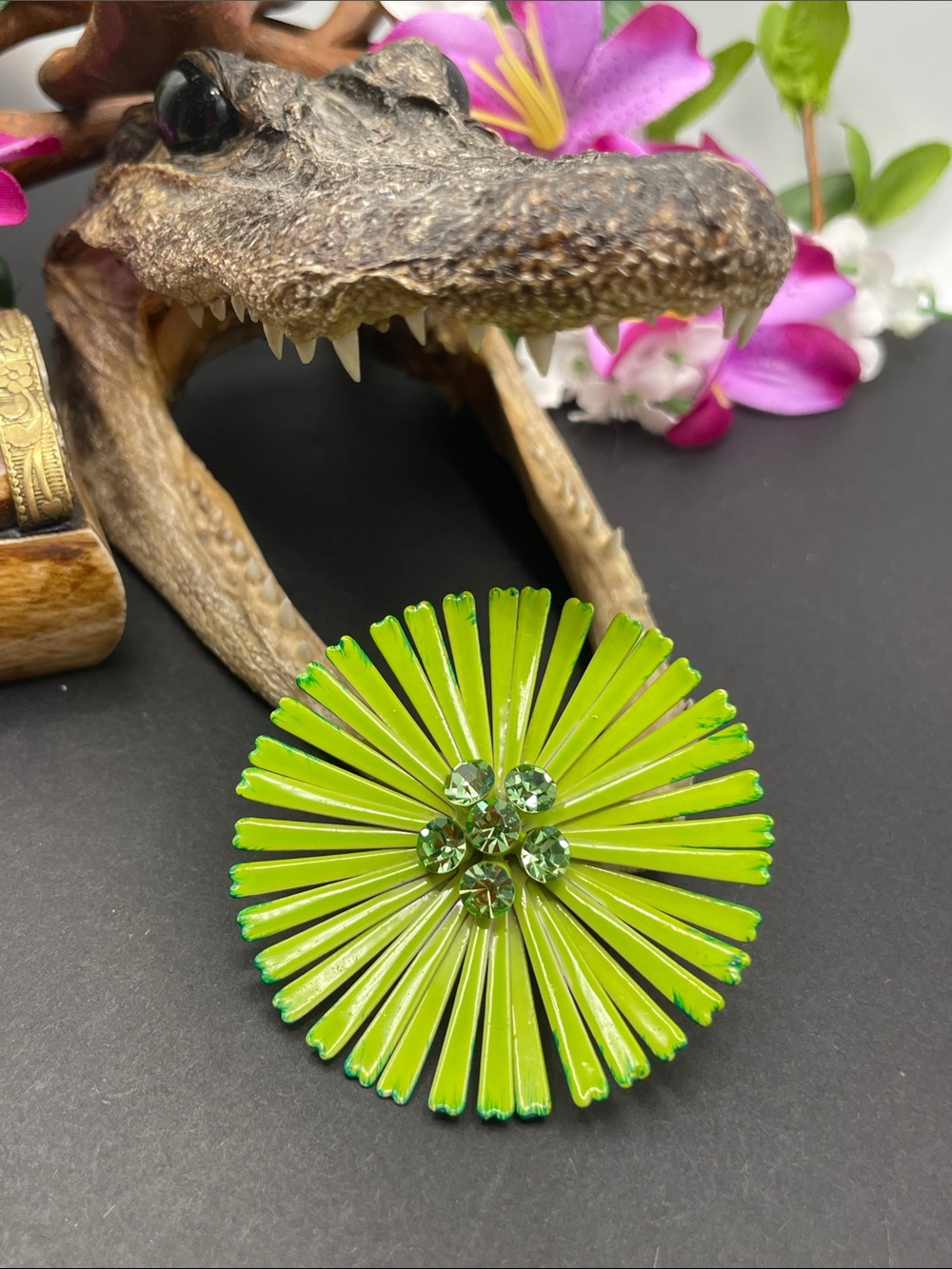 Metal and enamel floral brooch vintage uranium rhinestones